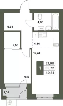 1-к кв. Башкортостан, Уфимский район, с. Миловка  (40.81 м)
