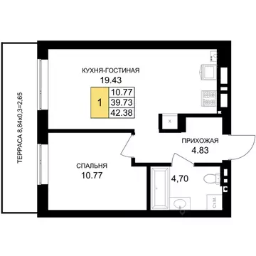 1-к кв. Калининградская область, Гурьевск Включи жилой комплекс (42.38 ...