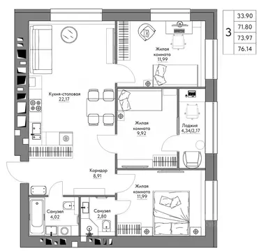 3-к кв. Калужская область, Калуга Жилыеы Острова кв-л,  (76.14 м)