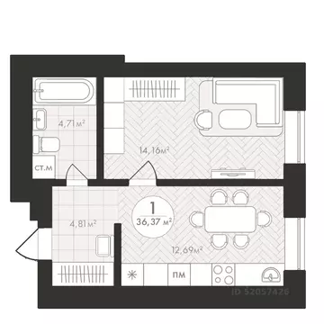 1-к кв. Башкортостан, Уфа Южный-2 мкр,  (36.37 м)