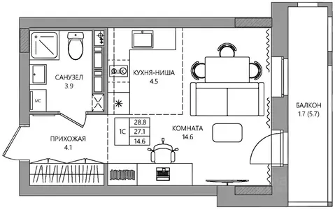 Студия Пермский край, Пермь Самолетная ул., 6 (28.8 м)