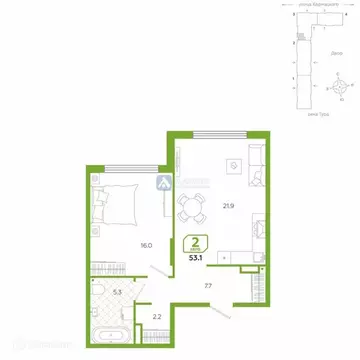 2-комнатная квартира: Тюмень, улица Евгения Войнова, 3 (53.1 м)