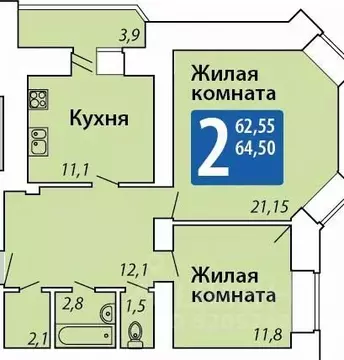 2-к кв. Чувашия, Чебоксары ул. Мирона Ефимовича Ефимова, 1 (64.5 м)