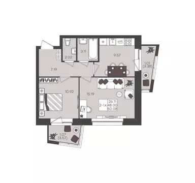 2-комнатная квартира: Казань, Дубравная улица, 26 (50.08 м)