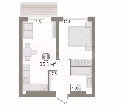 1-комнатная квартира: Тюмень, Арктическая улица, 16 (35.1 м)