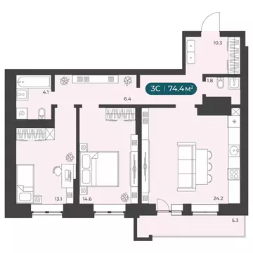3-к кв. Новосибирская область, Новосибирск Приморская ул., 15с1 (74.4 ...