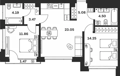 2-к кв. Тульская область, Тула Прайм Сойфера жилой комплекс (67.87 м)