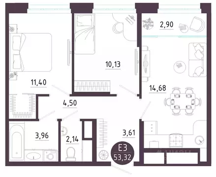 2-к кв. Тульская область, Тула ул. Купцов Гречихиных (53.32 м)