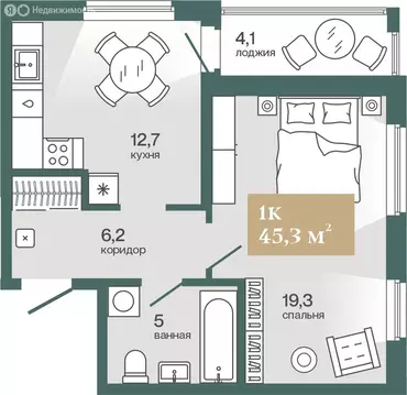 1-комнатная квартира: Тюмень, улица Игоря Комиссарова, 21 (45.28 м)