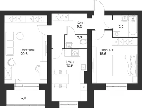 2-к кв. Тульская область, Тула ул. Героев России, 6 (66.9 м)