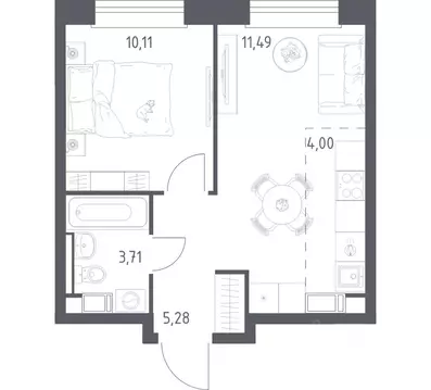 Квартира, 1 комната, 34.59 м