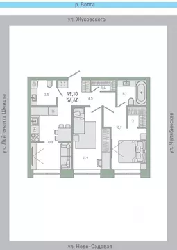 2-к кв. Самарская область, Самара ул. Ново-Садовая (дублер) (56.6 м)