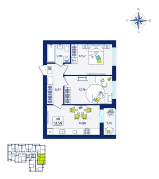 2-к кв. Калининградская область, Зеленоградск  (51.59 м)