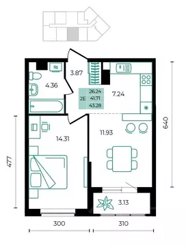 2-к кв. Адыгея, Майкопский район, пос. Тульский  (43.28 м)
