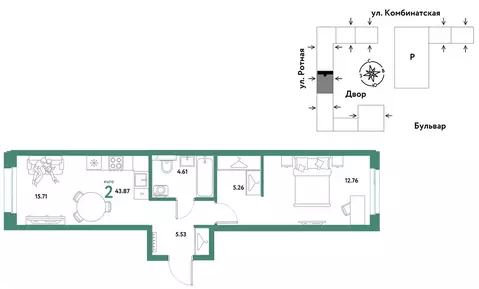2-комнатная квартира: Екатеринбург, Ленинский район (43.87 м)