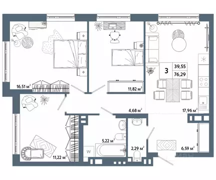 3-к кв. Башкортостан, Уфа 42-й кв-л,  (77.28 м)