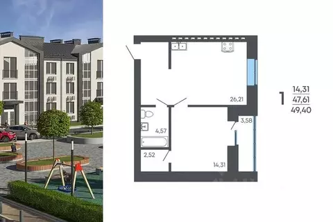 1-к кв. Воронежская область, Семилуки ул. Маяковского, 53 (49.4 м)