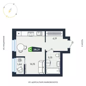 Квартира-студия: Екатеринбург, Машинная улица, 1В/4 (28.21 м)