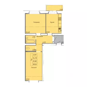 2-к кв. Тамбовская область, Тамбов ул. Гастелло, 109Б (58.24 м)