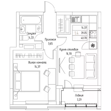 1-к кв. Татарстан, Казань Алтын Яр жилой комплекс (40.7 м)