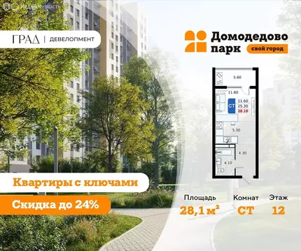 Квартира-студия: Московская область, городской округ Домодедово, село ...