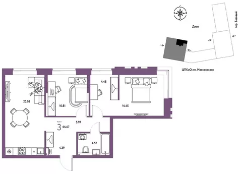 3-к кв. Свердловская область, Екатеринбург пер. Базовый, 10 (64.67 м)