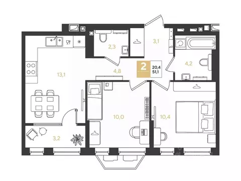 2-к кв. Краснодарский край, Краснодар Самолет кв-л,  (51.1 м)