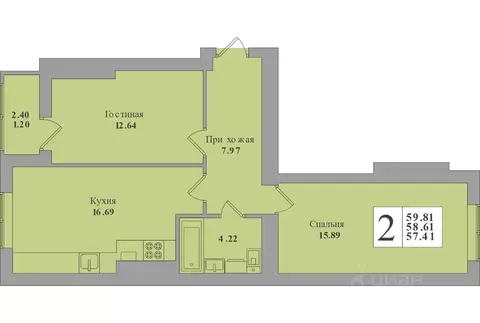 2-к кв. Калининградская область, Калининград Минусинская ул., 7 (59.81 ...