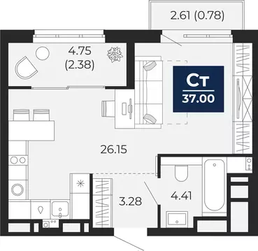 Квартира-студия: Тюмень, Камчатская улица, 107к1 (41.2 м)