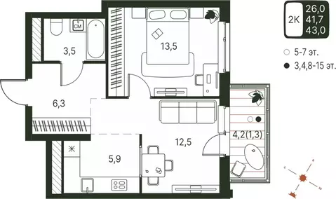 Студия Пермский край, Пермь ул. Серебристая, 1 (43.0 м)