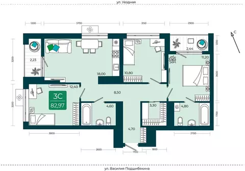3-комнатная квартира: Тюмень, улица Василия Подшибякина, 9 (82.97 м)