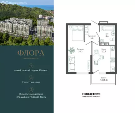 1-комнатная квартира: Сочи, улица Искры, 66/9к6 (36.6 м)