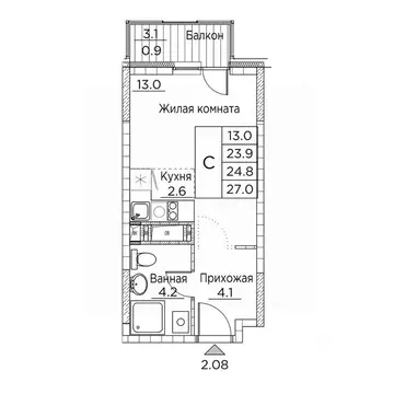 1-к кв. Приморский край, Владивосток ул. Расула Гамзатова, 7к2 (27.0 ...