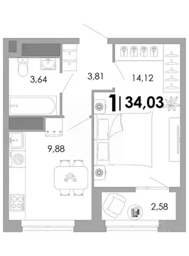1-к кв. Владимирская область, Владимир Уно жилой комплекс (34.03 м)