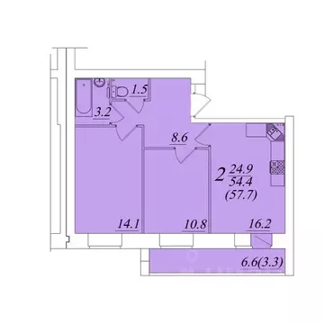 2-к кв. Вологодская область, Вологда ул. Новаторов (57.7 м)