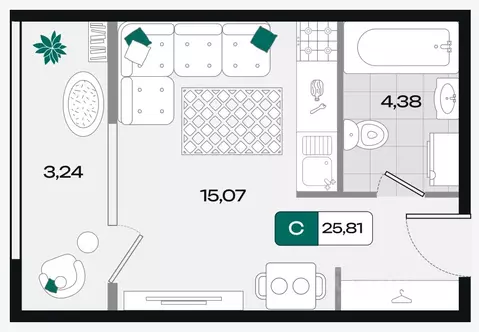 Студия Краснодарский край, Краснодар ул. Николая Огурцова (25.81 м)