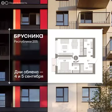 2-комнатная квартира: Тюмень, улица Республики, 205к2 (44.1 м)