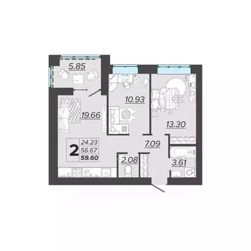2-к кв. Брянская область, Брянск Архитектор жилой комплекс (59.6 м)