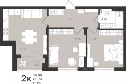 2-к кв. Калининградская область, Светлогорск  (60.34 м)