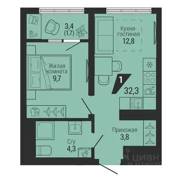 1-к кв. Свердловская область, Екатеринбург Вторчермет жилрайон,  (32.3 ...