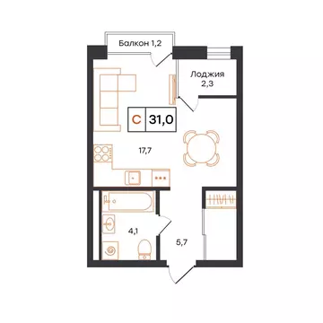 Квартира-студия: Тюмень, ЖК UNO (31 м)