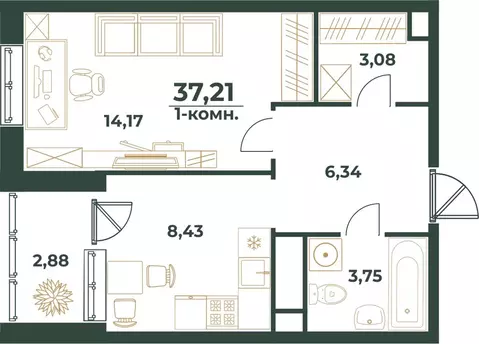 1-к кв. Башкортостан, Уфа ул. Ивана Спатара, 14 (37.21 м)