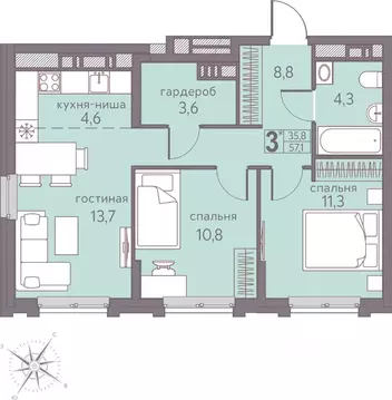 Студия Пермский край, Пермь ул. Серебристая, 5 (57.1 м)
