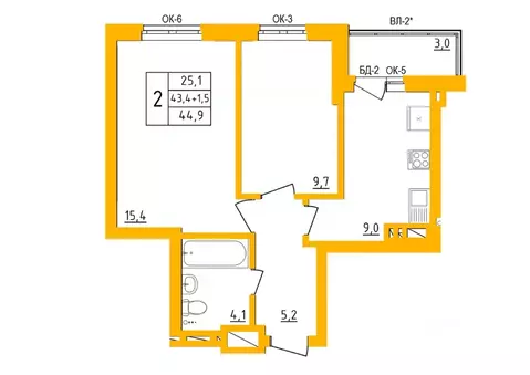 2-к кв. Башкортостан, Уфа Инорс-4Б мкр, Акварель жилой комплекс (44.5 ...