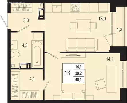 1-комнатная квартира: Московская область, городской округ Подольск, ...
