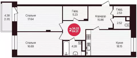 2-к кв. Чувашия, Чебоксары Фруктовая ул., поз1 (84.21 м)