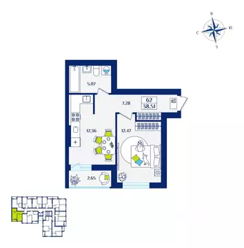 1-к кв. Калининградская область, Зеленоградск  (38.51 м)