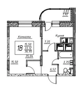 Квартира, 1 комната, 35.04 м