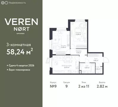 2-комнатная квартира: Сертолово, ЖК Верен Норт Сертолово (58.24 м)