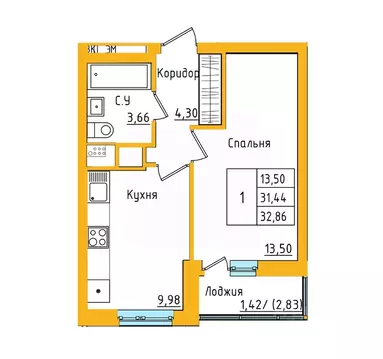 1-к кв. Башкортостан, Уфа ул. Валерия Лесунова, 18 (32.73 м)